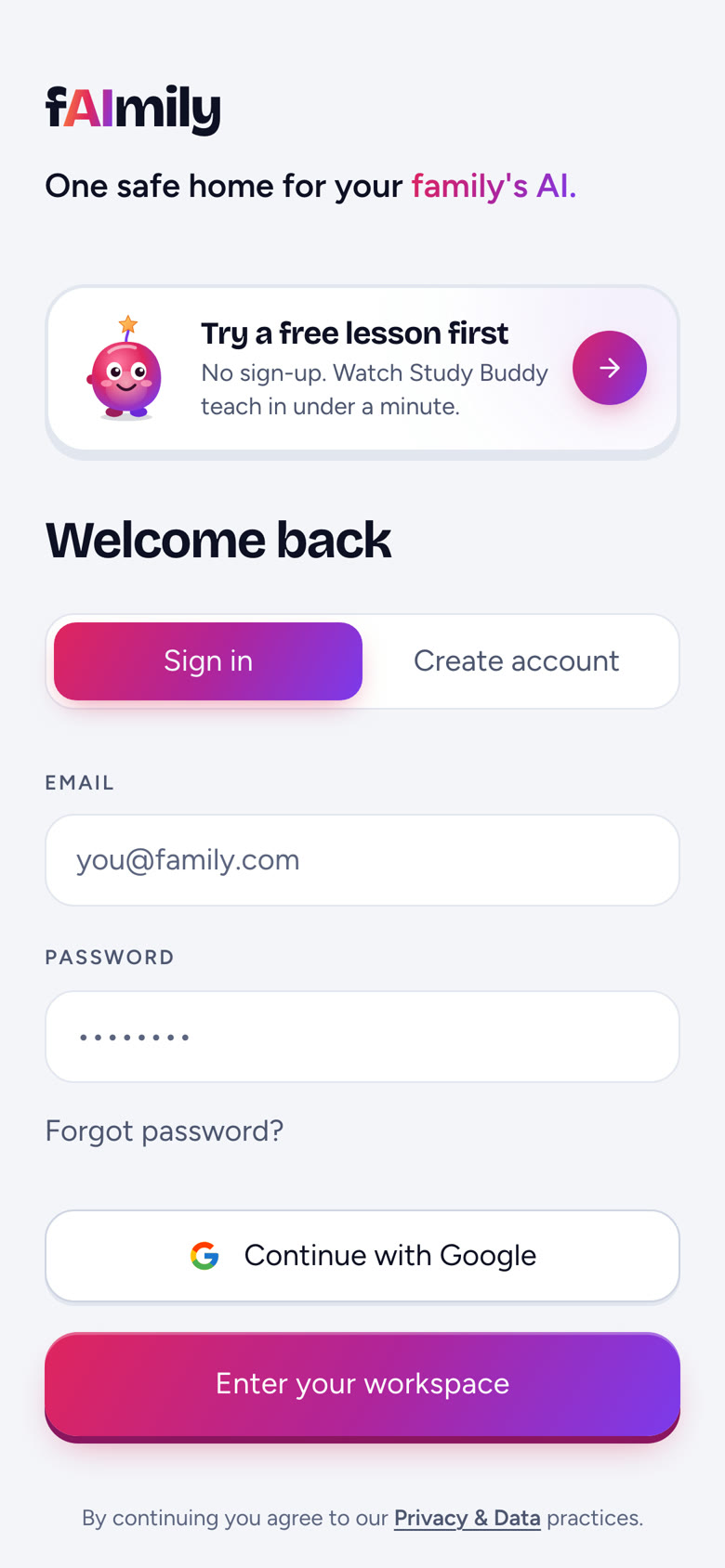 fAImily sign-in screen with Continue with Google and a free lesson card